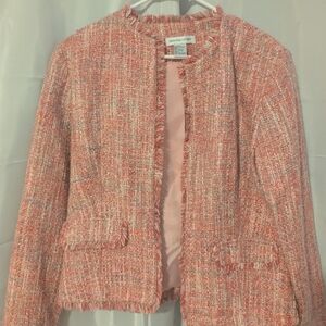 Newport News Pink Tweed Jacket Frayed Trim Chanel Style Blazer Size 12